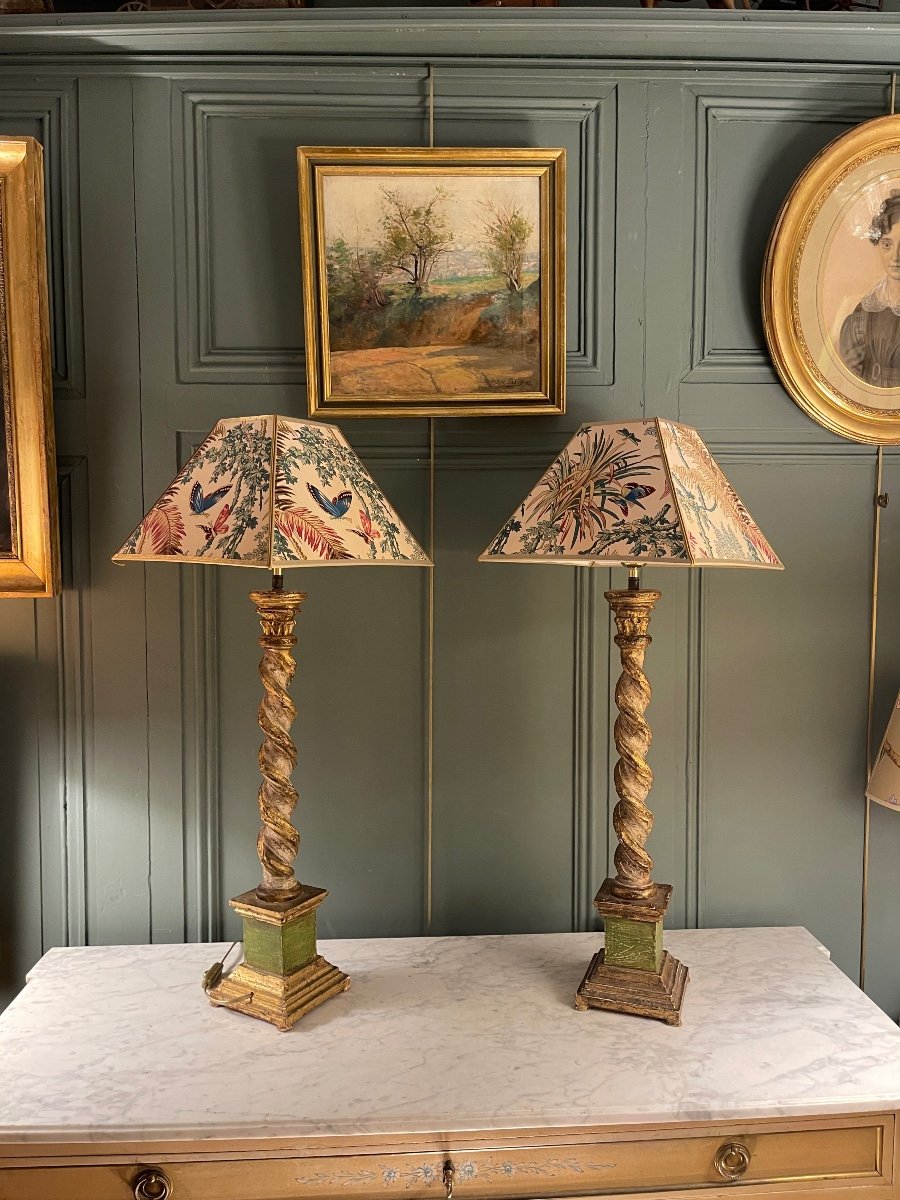 Large Pair Of Painted Wooden Lamps, Height 78 Cm-photo-3