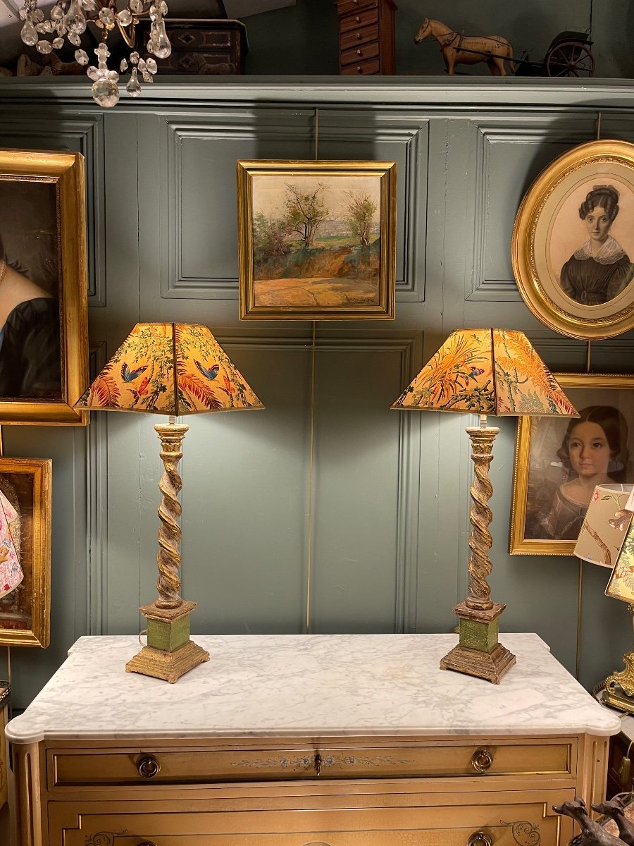 Large Pair Of Painted Wooden Lamps, Height 78 Cm-photo-8