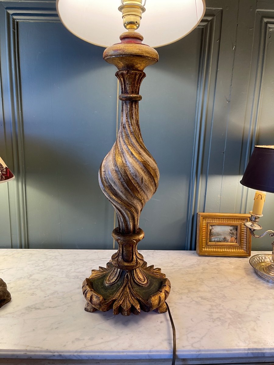 Important Painted Wooden Lamp, Height 96 Cm-photo-2