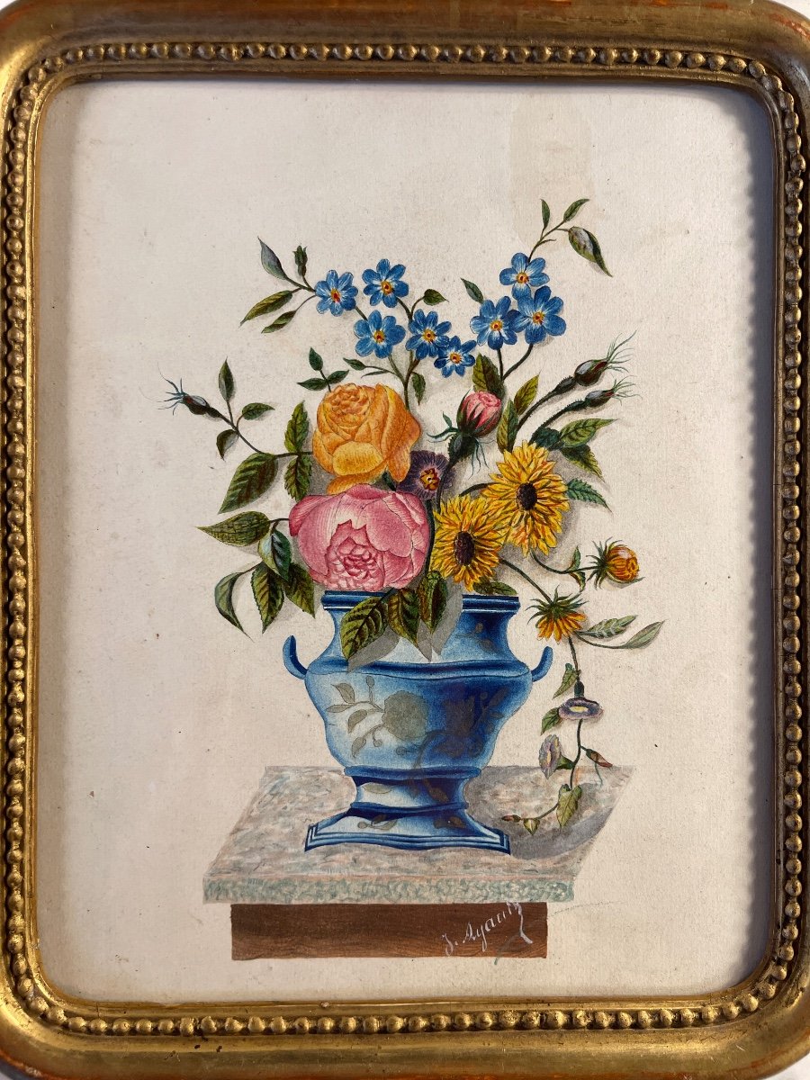 Bouquet De Fleurs, Gouache XIXème-photo-3