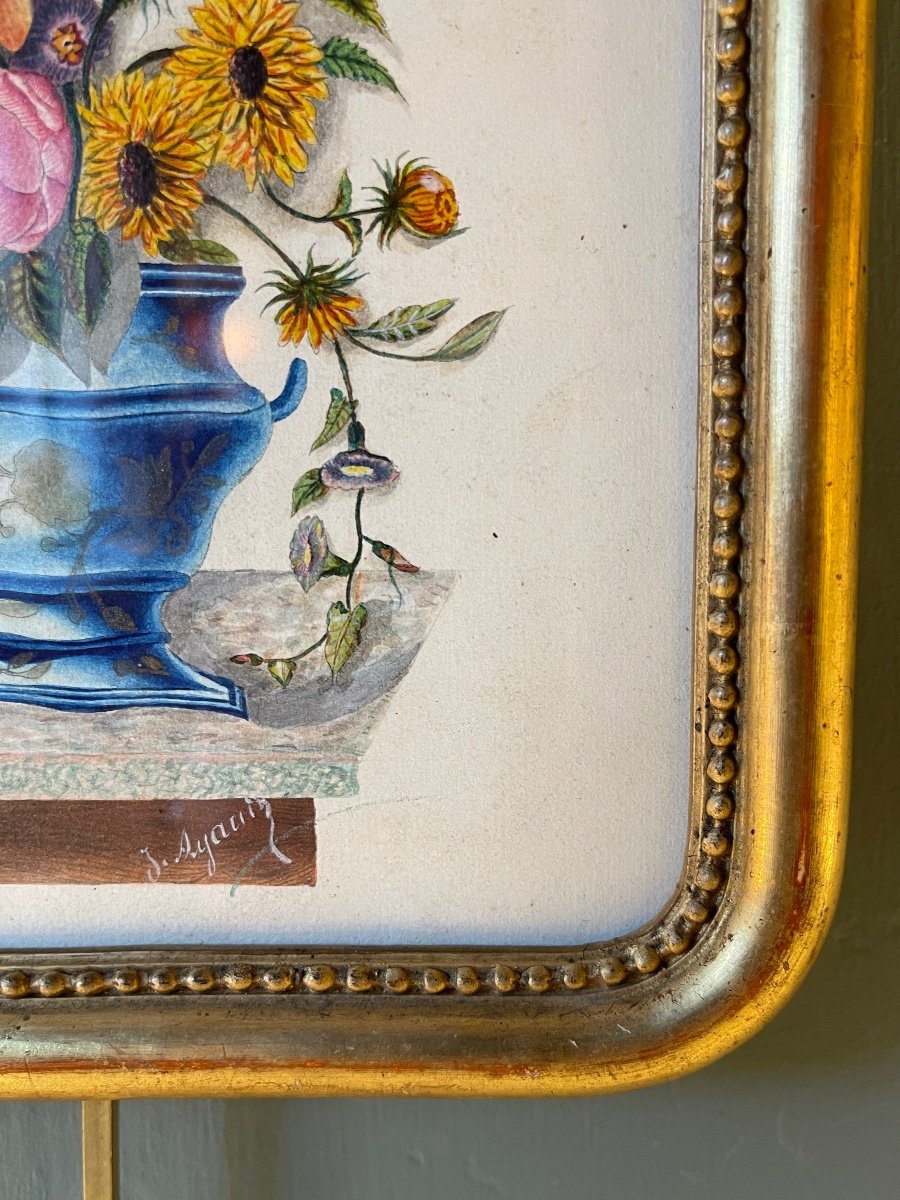 Bouquet De Fleurs, Gouache XIXème-photo-3
