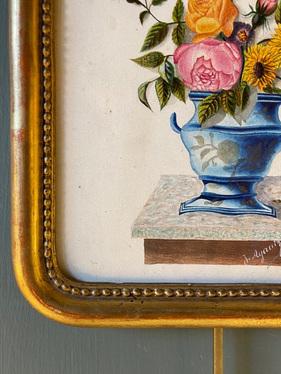 Bouquet De Fleurs, Gouache XIXème-photo-4