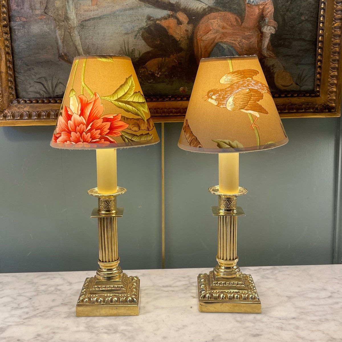 Pair Of Small Bronze Lamps, Height 33 Cm