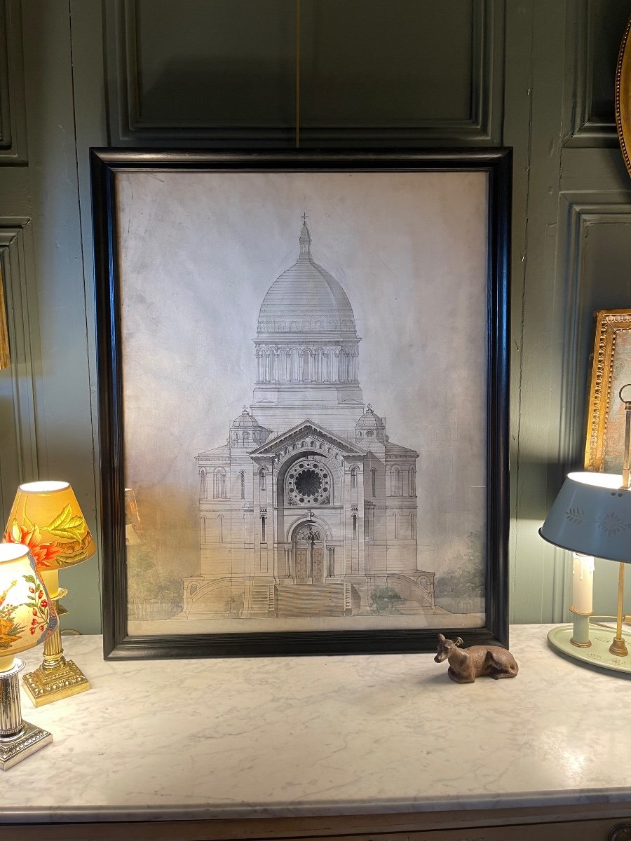 Façade d'Une Eglise De Style Eclectique, Grand Dessin d'Architecture XIXème-photo-6