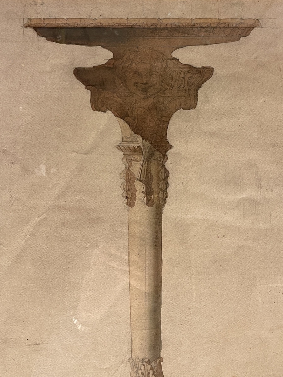 Torch Holder Pedestal Table, Large 19th Century Drawing-photo-5