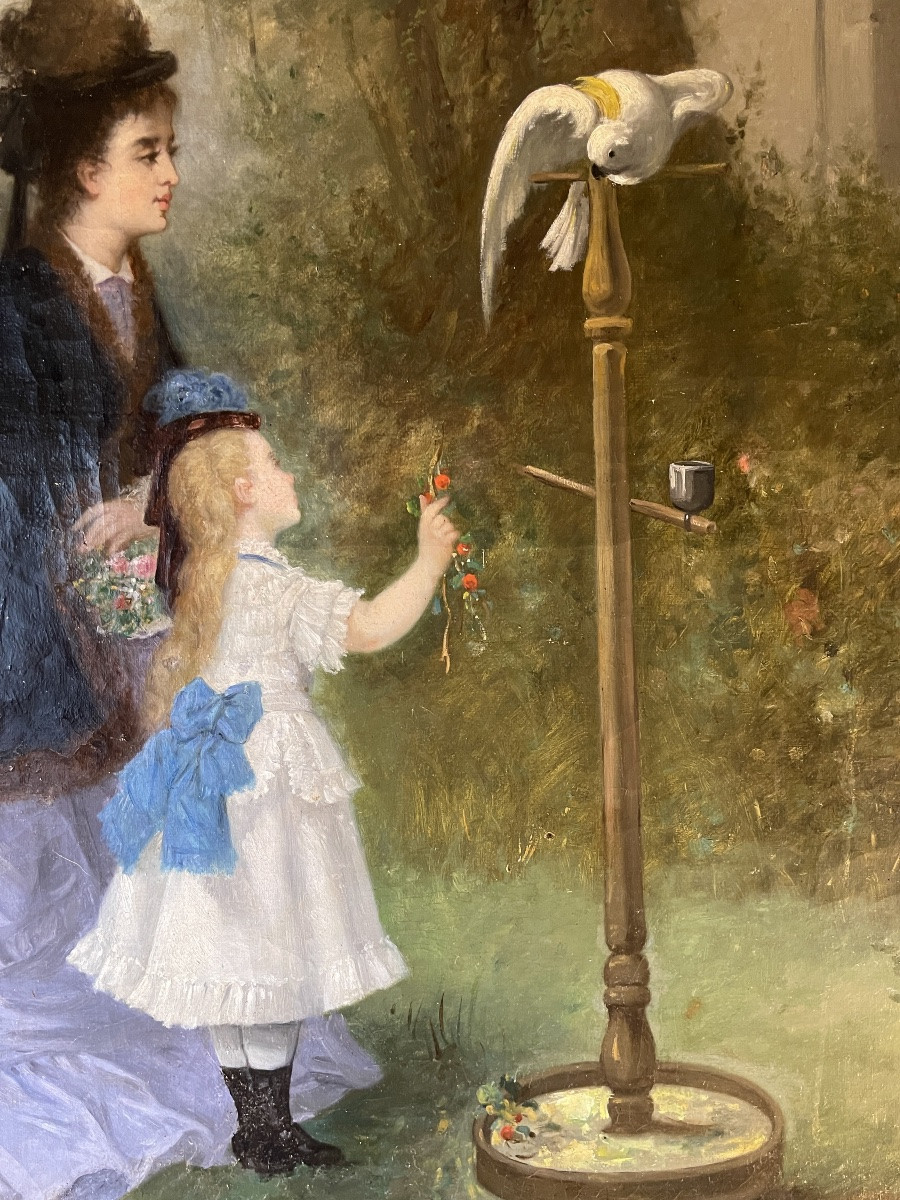 Jeune Femme Et Sa Fille Au Cacatoès De Emile Gambogi Daté 1875-photo-4