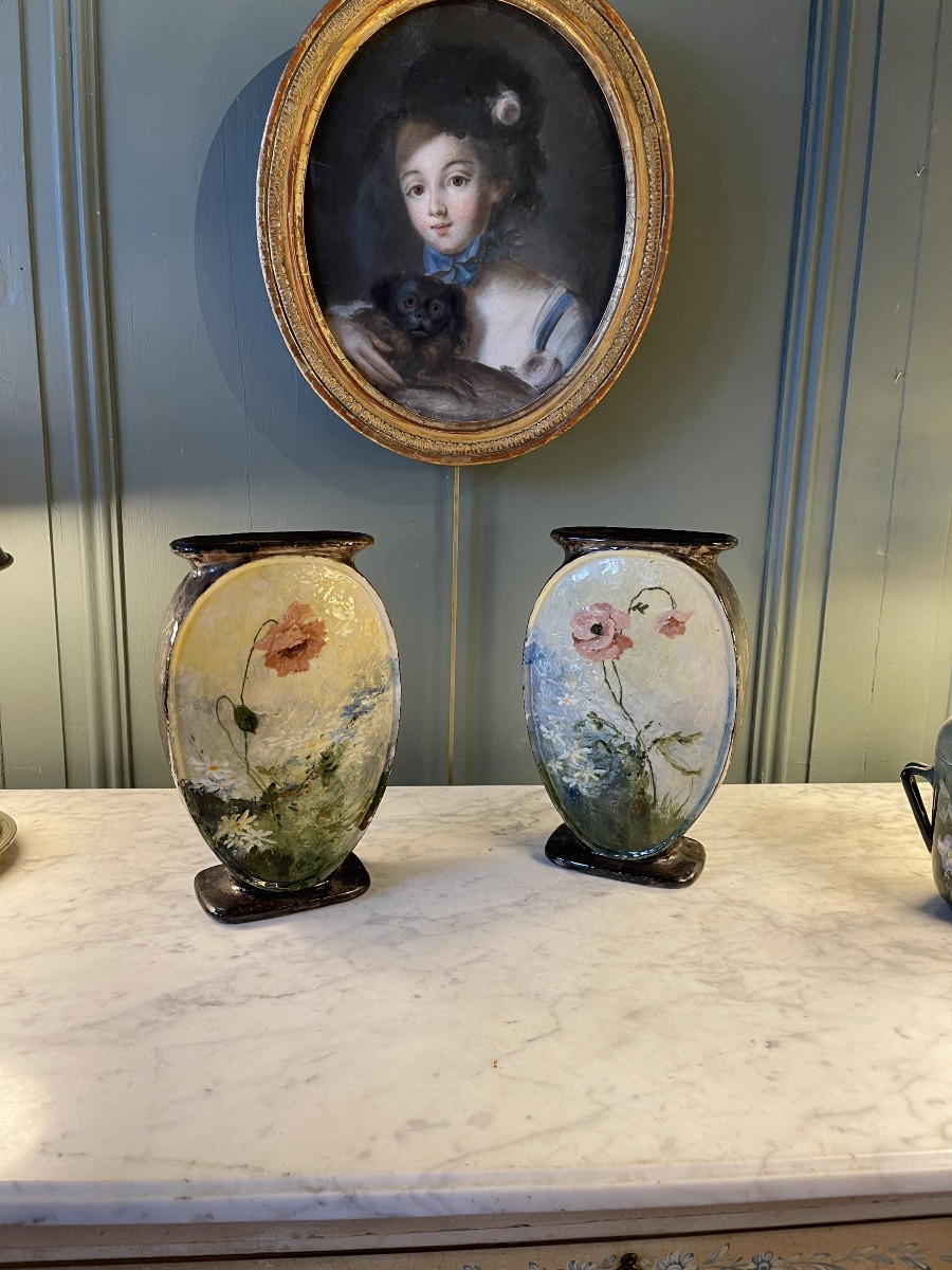 Pair Of Earthenware Vases From Montigny-sur-loing, Signed Artigue-photo-2