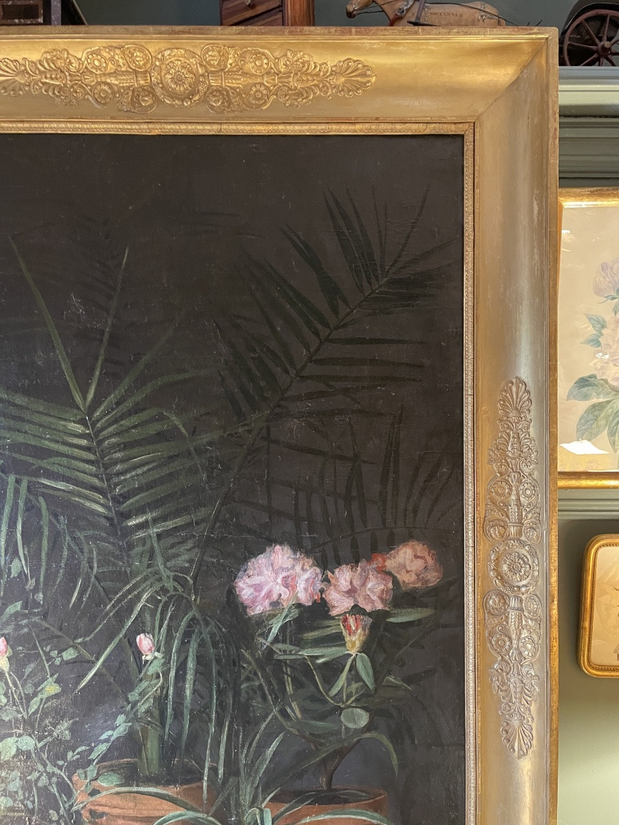 Important 19th Century Flower Painting, Rhododendrons, Old Roses And Dypsis-photo-4
