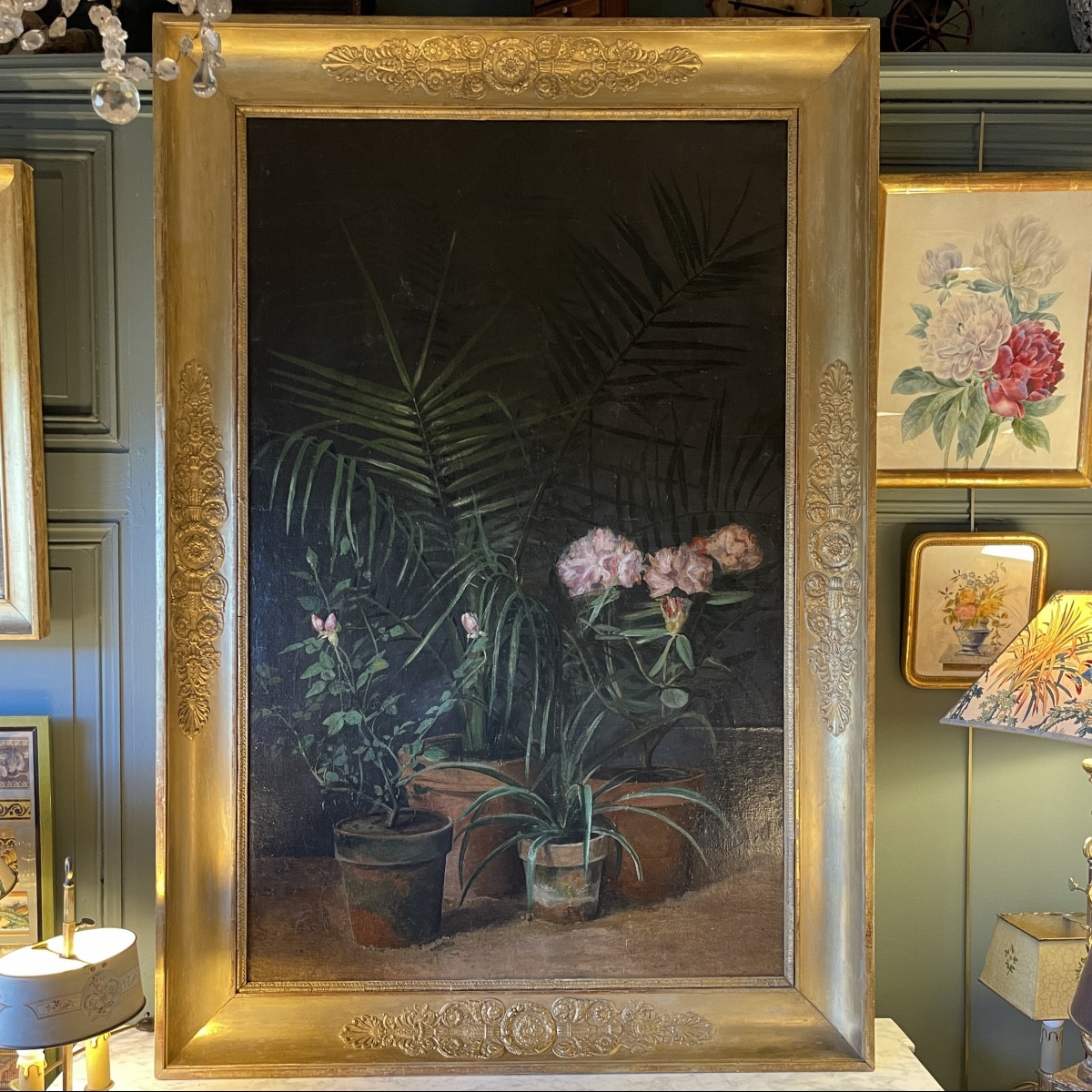 Important 19th Century Flower Painting, Rhododendrons, Old Roses And Dypsis