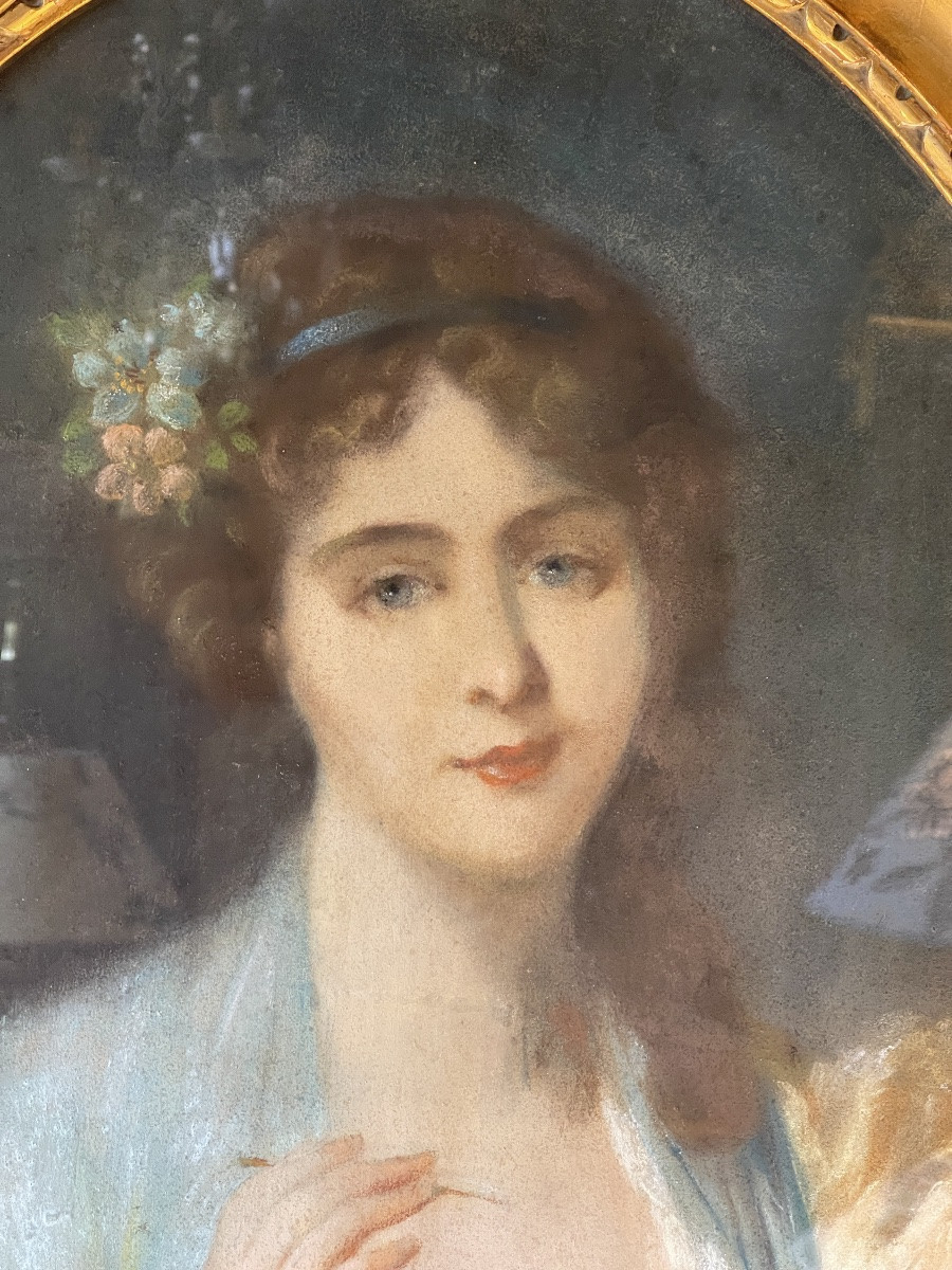 Portrait d'Une Jeune Femme à l'Oiseau, Pastel XIXème-photo-2