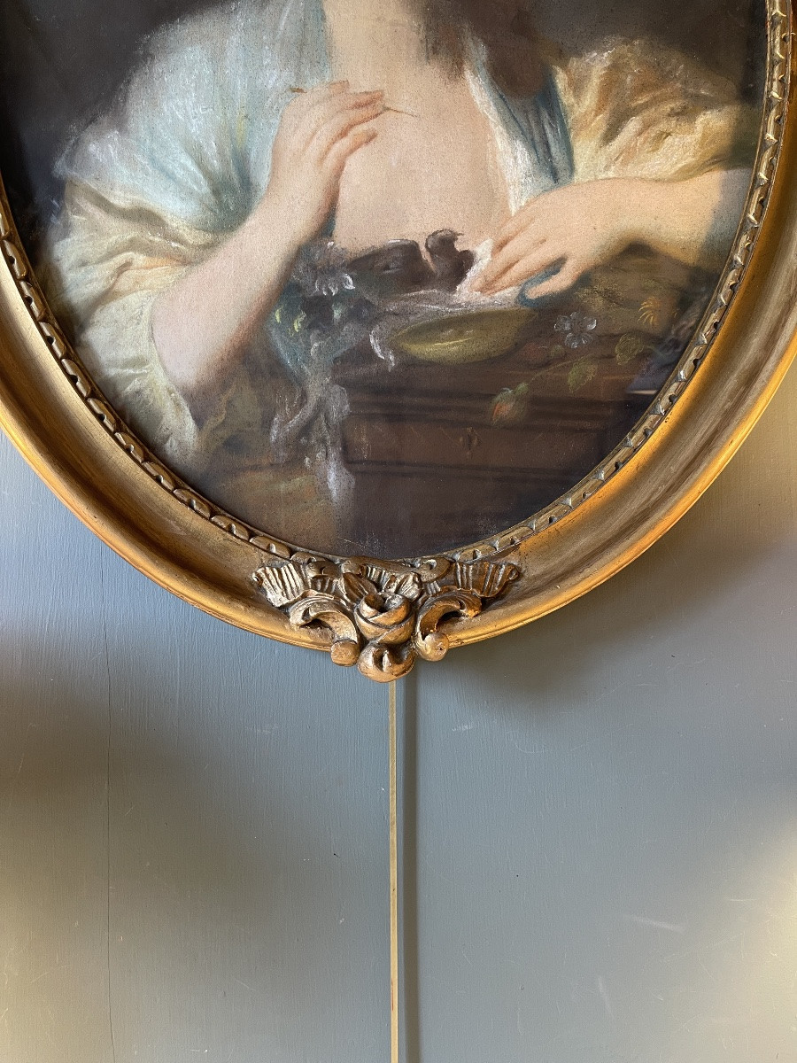Portrait d'Une Jeune Femme à l'Oiseau, Pastel XIXème-photo-4