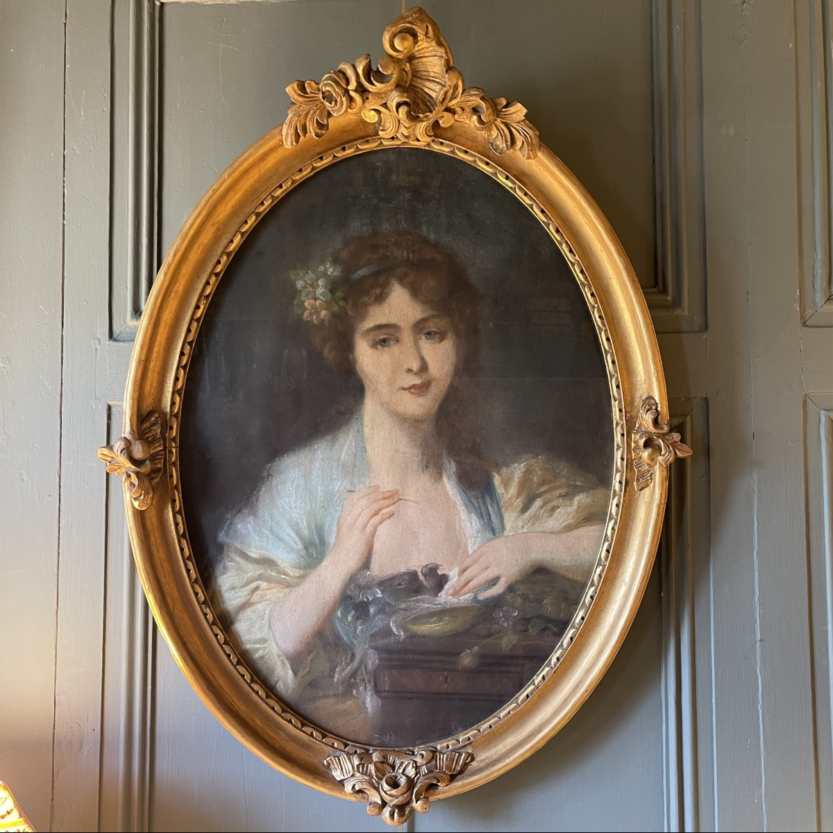 Portrait d'Une Jeune Femme à l'Oiseau, Pastel XIXème