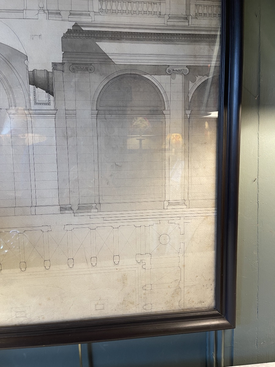 Façade d'Un Bâtiment Néo-classique, Grand Dessin d'Architecture XIXème-photo-1