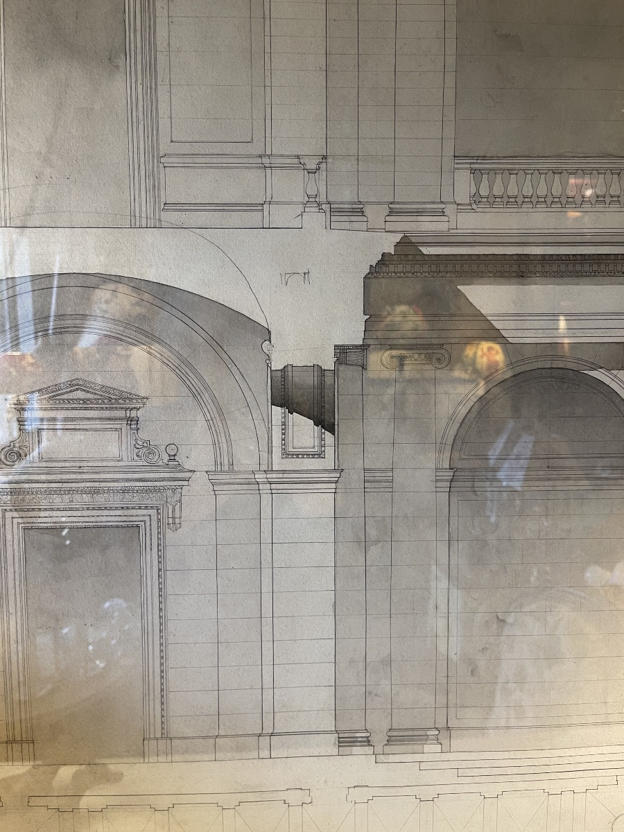 Façade d'Un Bâtiment Néo-classique, Grand Dessin d'Architecture XIXème-photo-4