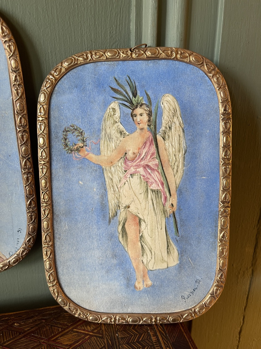 Deities Of Victory And Love, 19th Century Gouache-photo-4