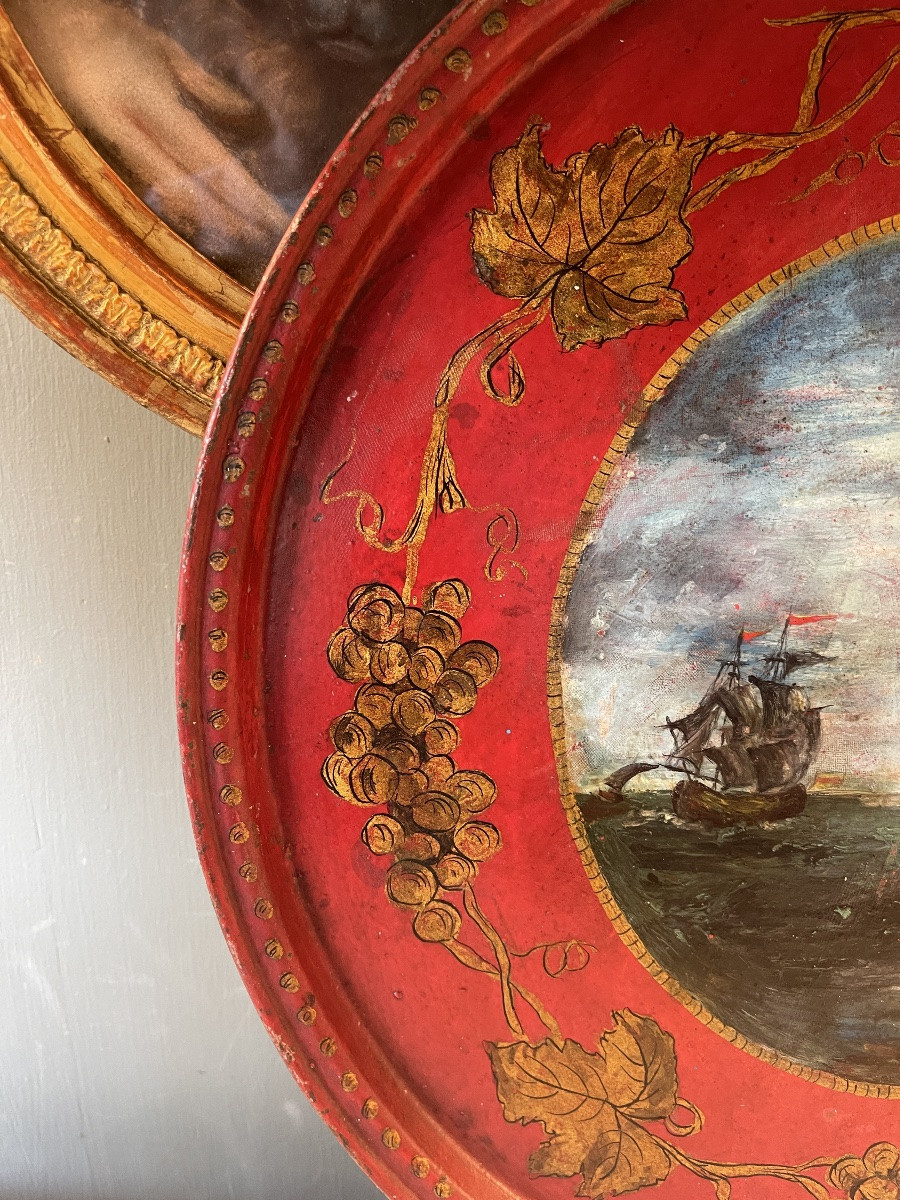 19th Century Painted Sheet Metal Tray, Diameter 40 Cm-photo-3