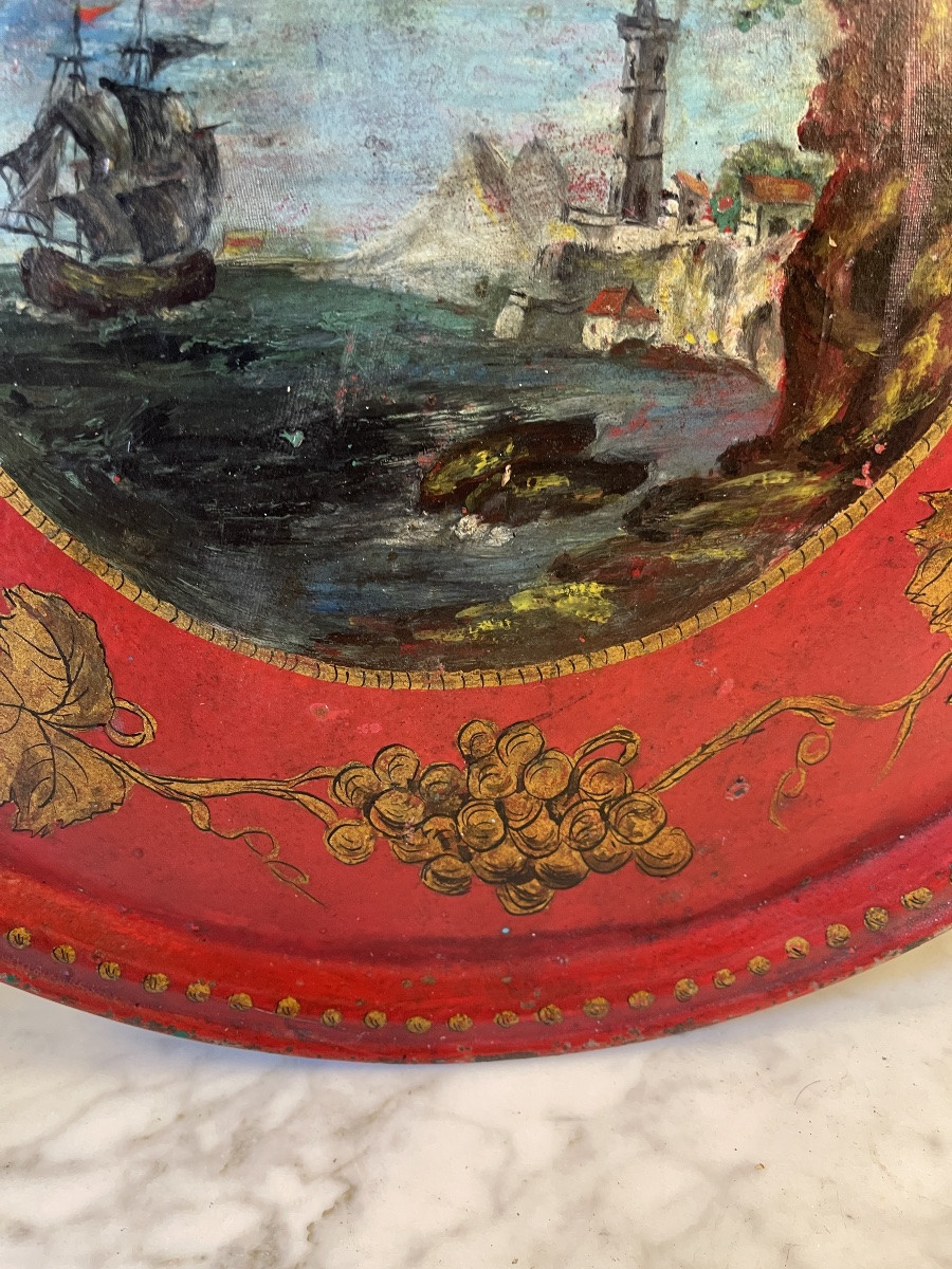 19th Century Painted Sheet Metal Tray, Diameter 40 Cm-photo-2