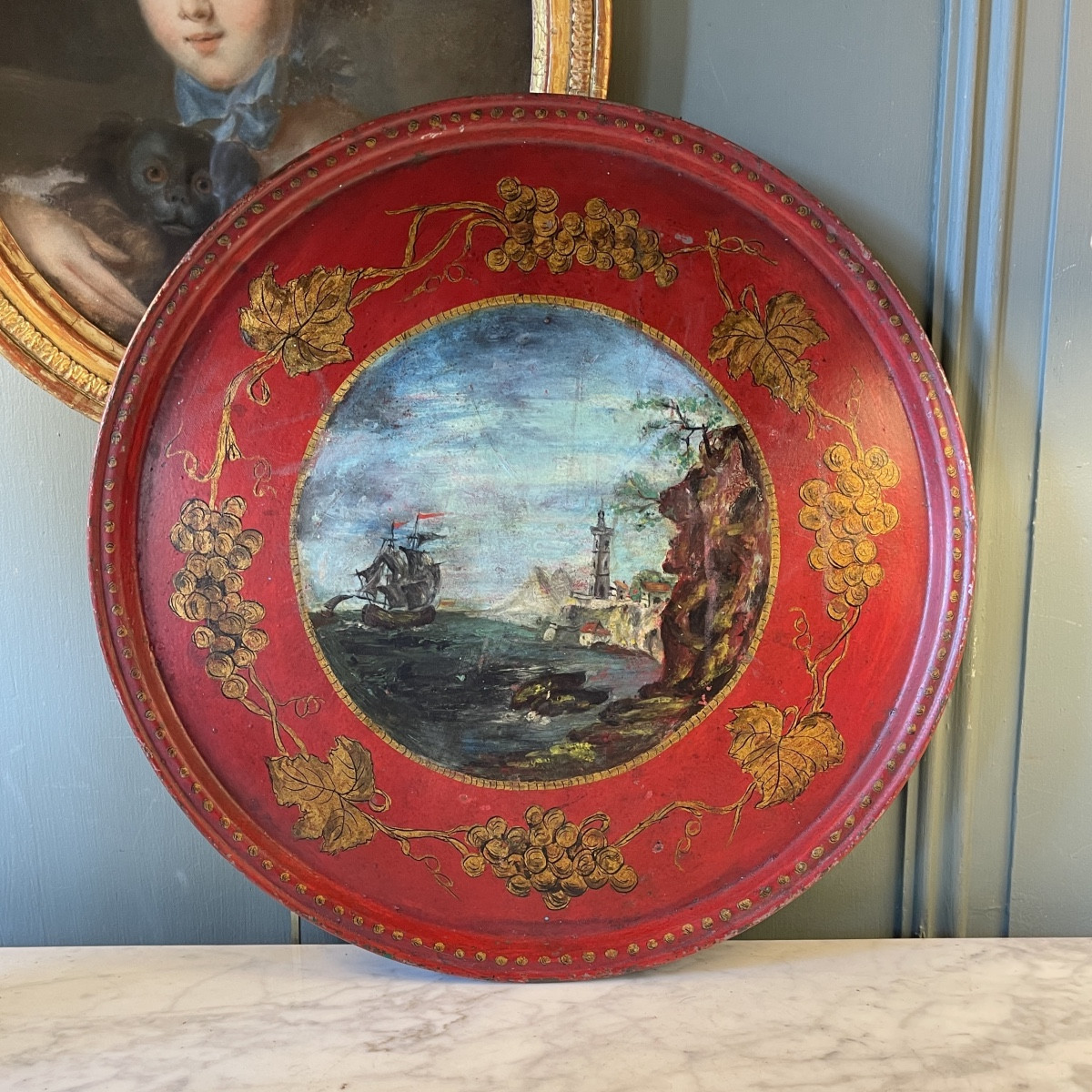 19th Century Painted Sheet Metal Tray, Diameter 40 Cm