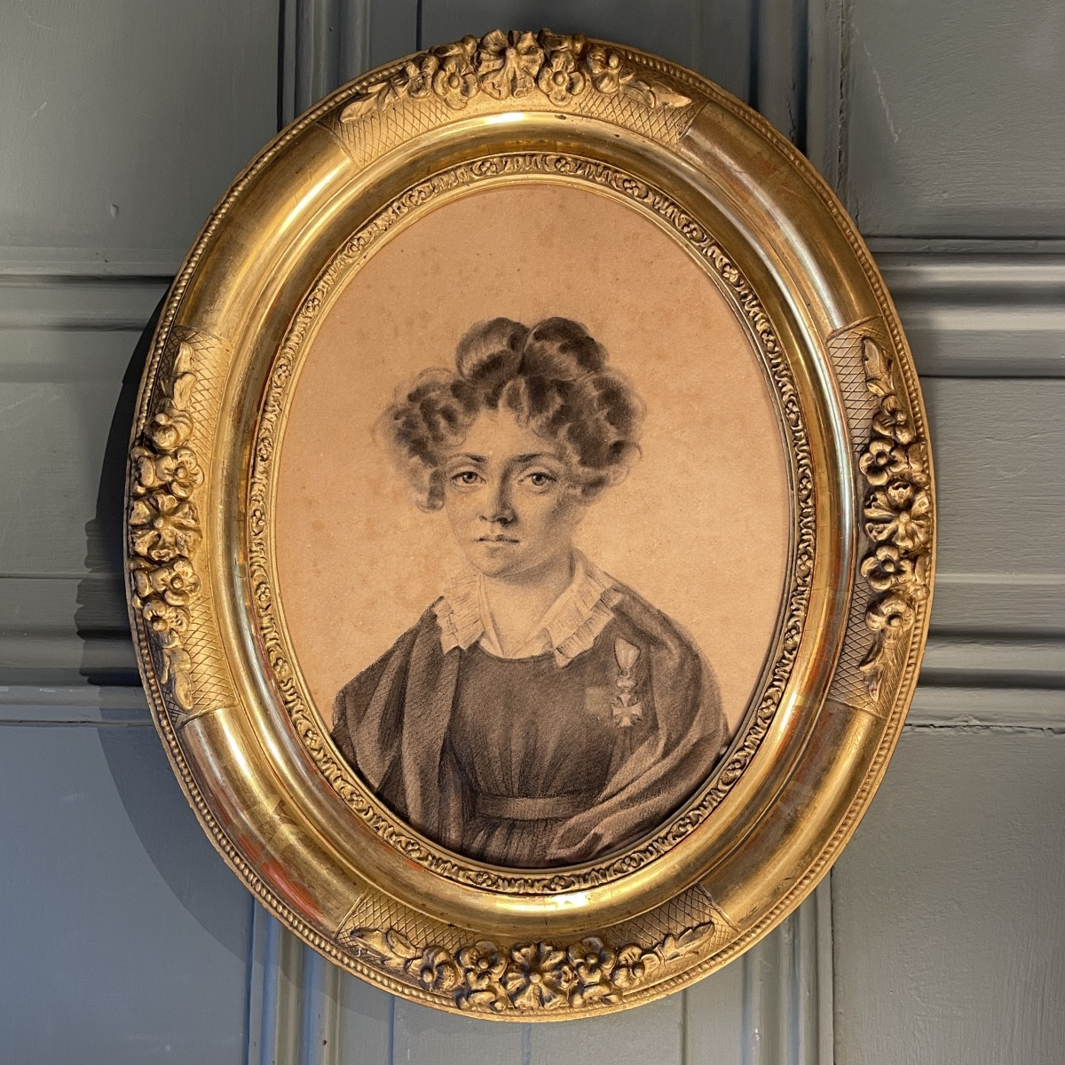 Portrait d'Une Jeune Femme à La Croix De Malte, Dessin XIXème