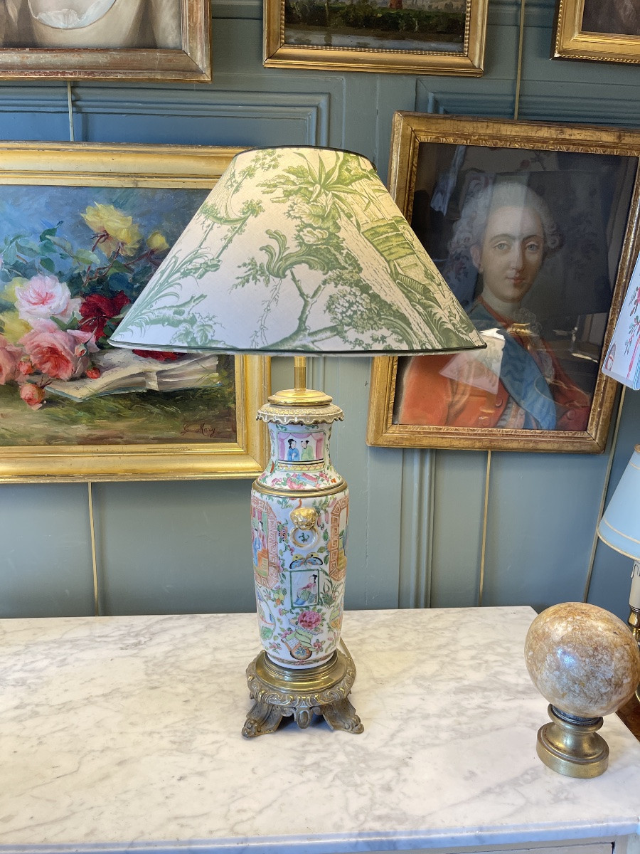 Large Chinese Porcelain Lamp, Canton 19th Century, Height 62.5 Cm-photo-2