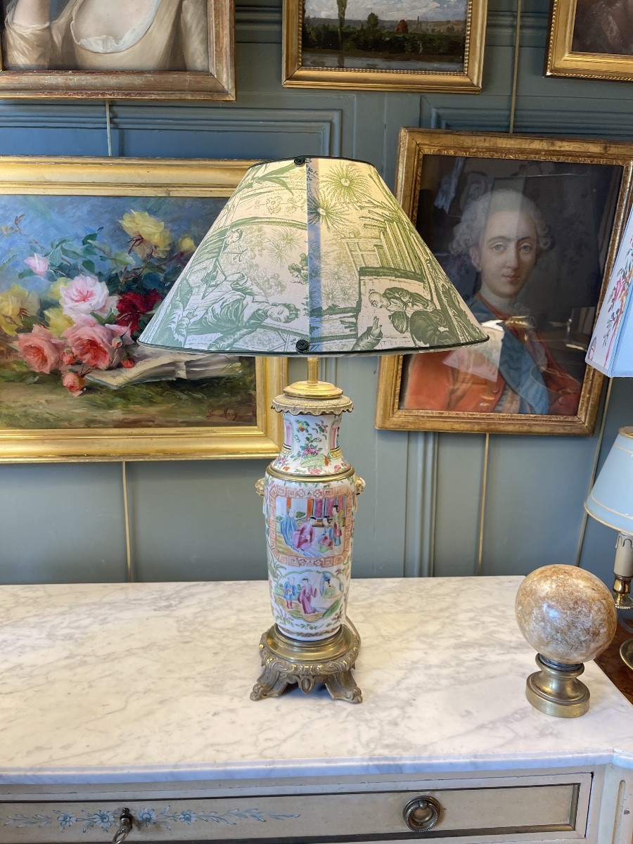 Large Chinese Porcelain Lamp, Canton 19th Century, Height 62.5 Cm-photo-3