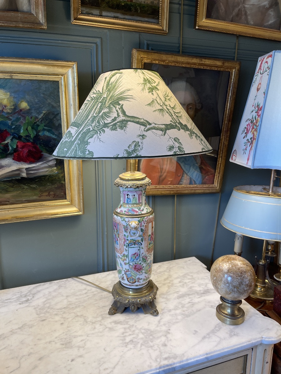 Large Chinese Porcelain Lamp, Canton 19th Century, Height 62.5 Cm-photo-4