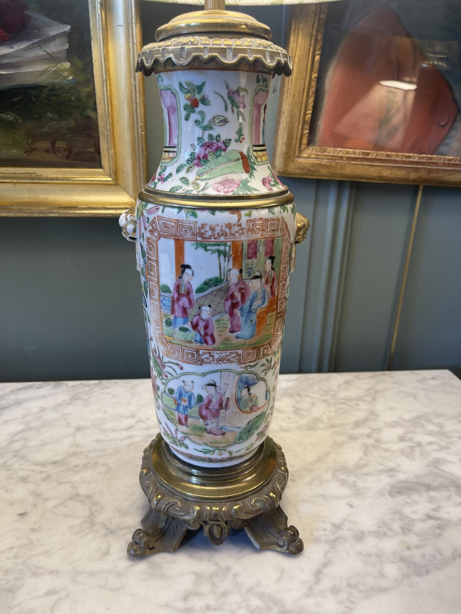 Large Chinese Porcelain Lamp, Canton 19th Century, Height 62.5 Cm-photo-2