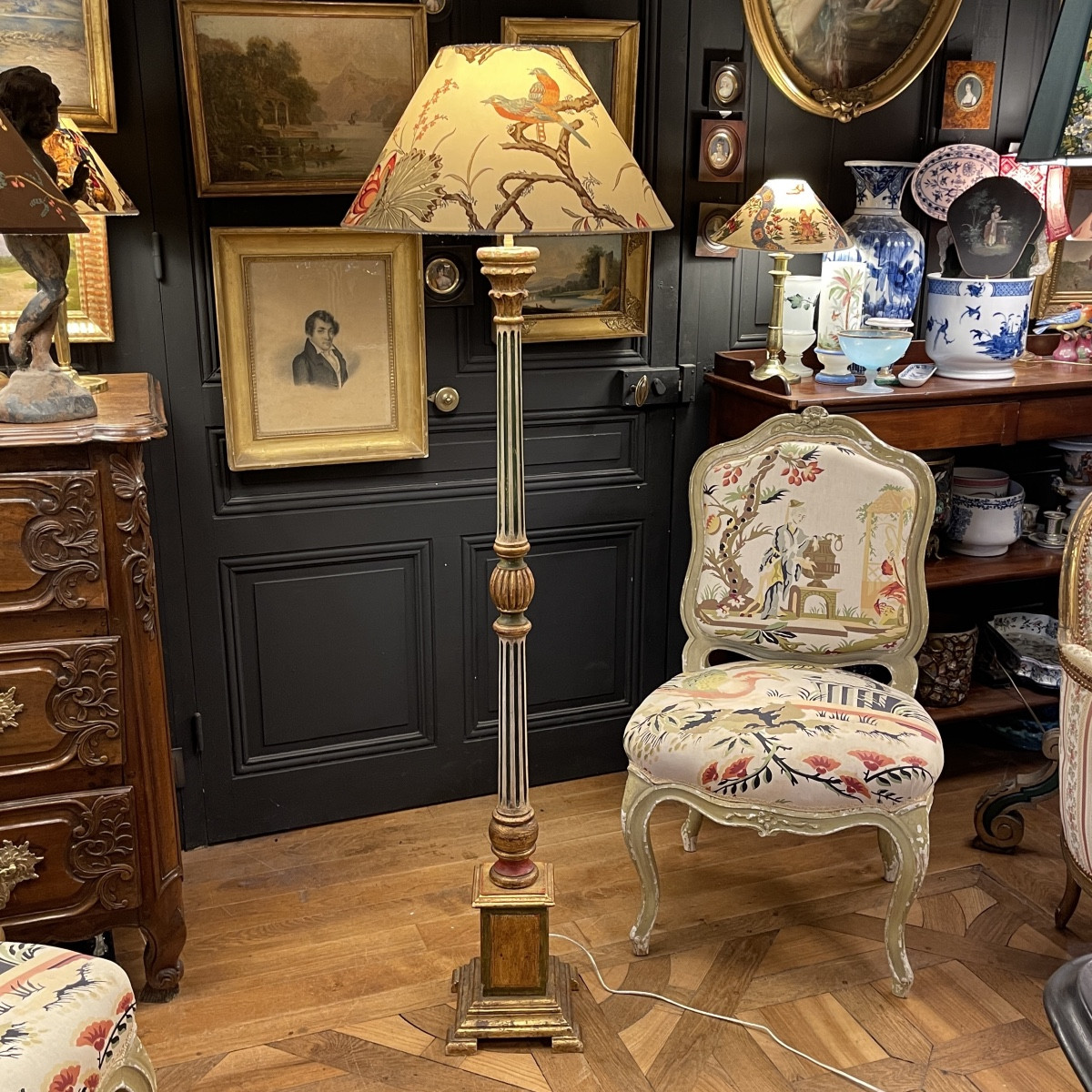 Polychrome Painted Wooden Floor Lamp, Height 157 Cm