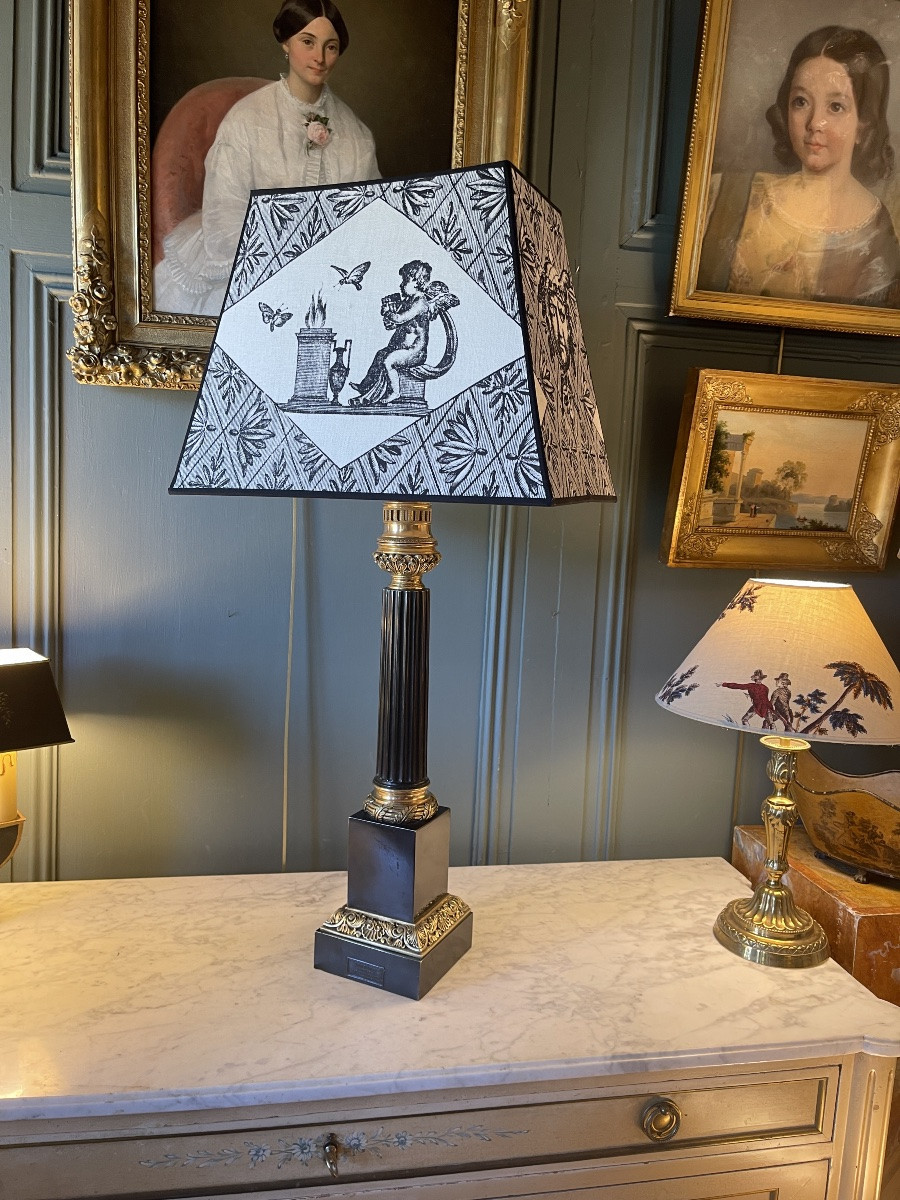 19th Century Patinated Bronze And Brass Lamp, Height 81.5 Cm-photo-2