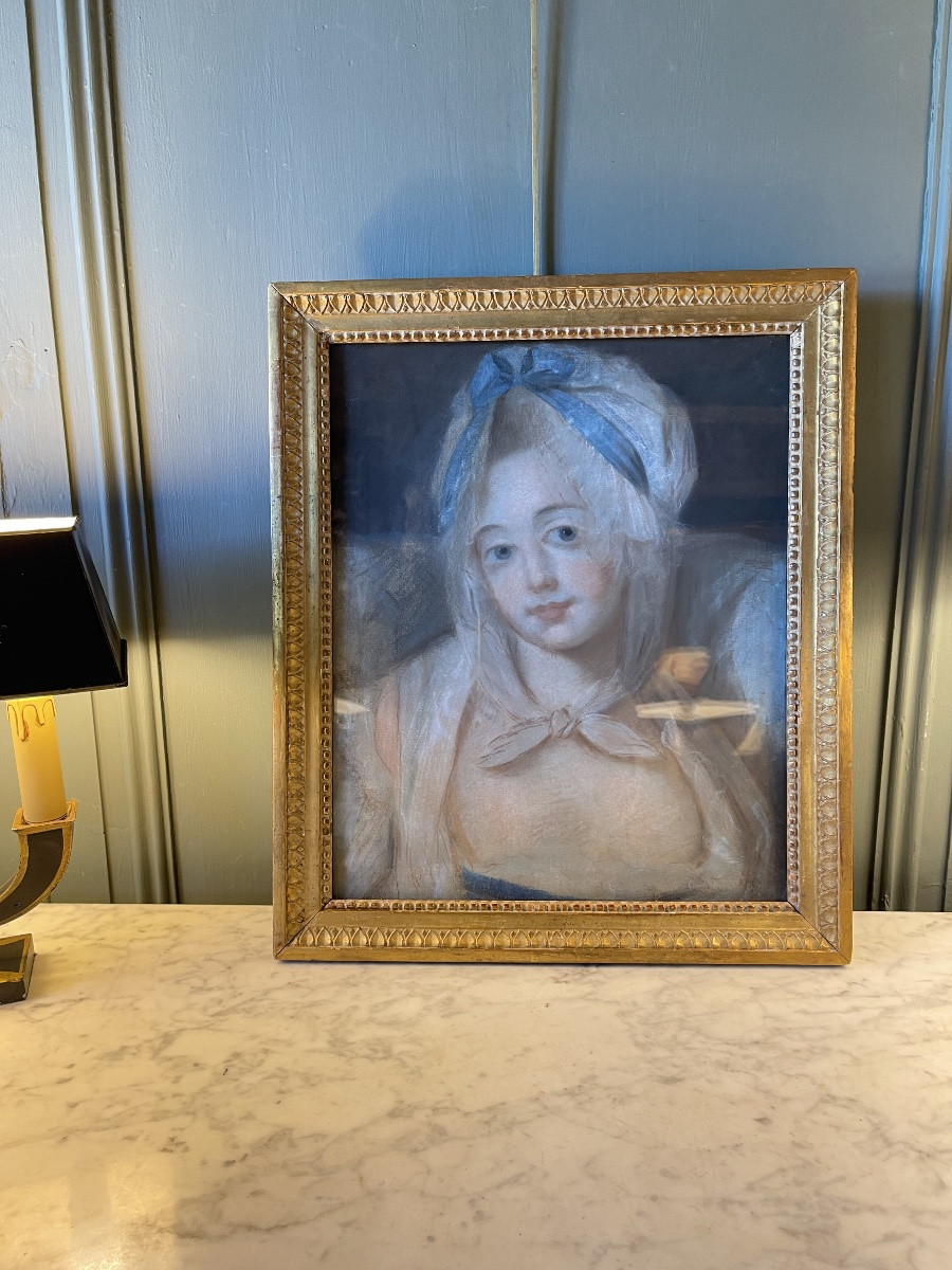 Portrait d'une jeune dame au ruban bleu, pastel XVIIIème-photo-4