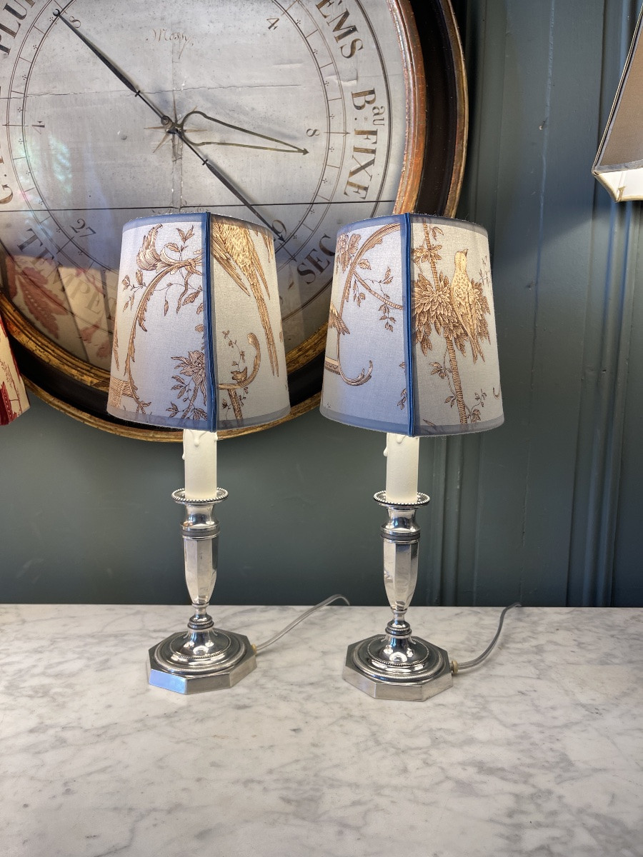 Pair Of Small Silver Metal Lamps, Height 38.5 Cm-photo-4