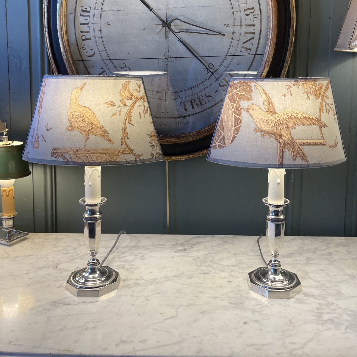 Pair Of Small Silver Metal Lamps, Height 38.5 Cm