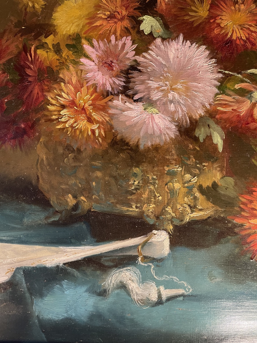 Bouquet de fleurs, dahlias à l'éventail XIXème-photo-4