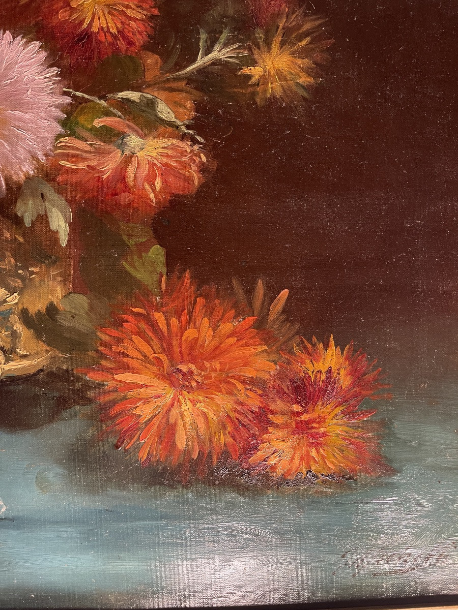Bouquet de fleurs, dahlias à l'éventail XIXème-photo-5