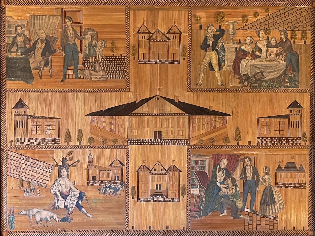 Le retour de l'Enfant prodigue, marqueterie de paille et gravures XIXème-photo-2