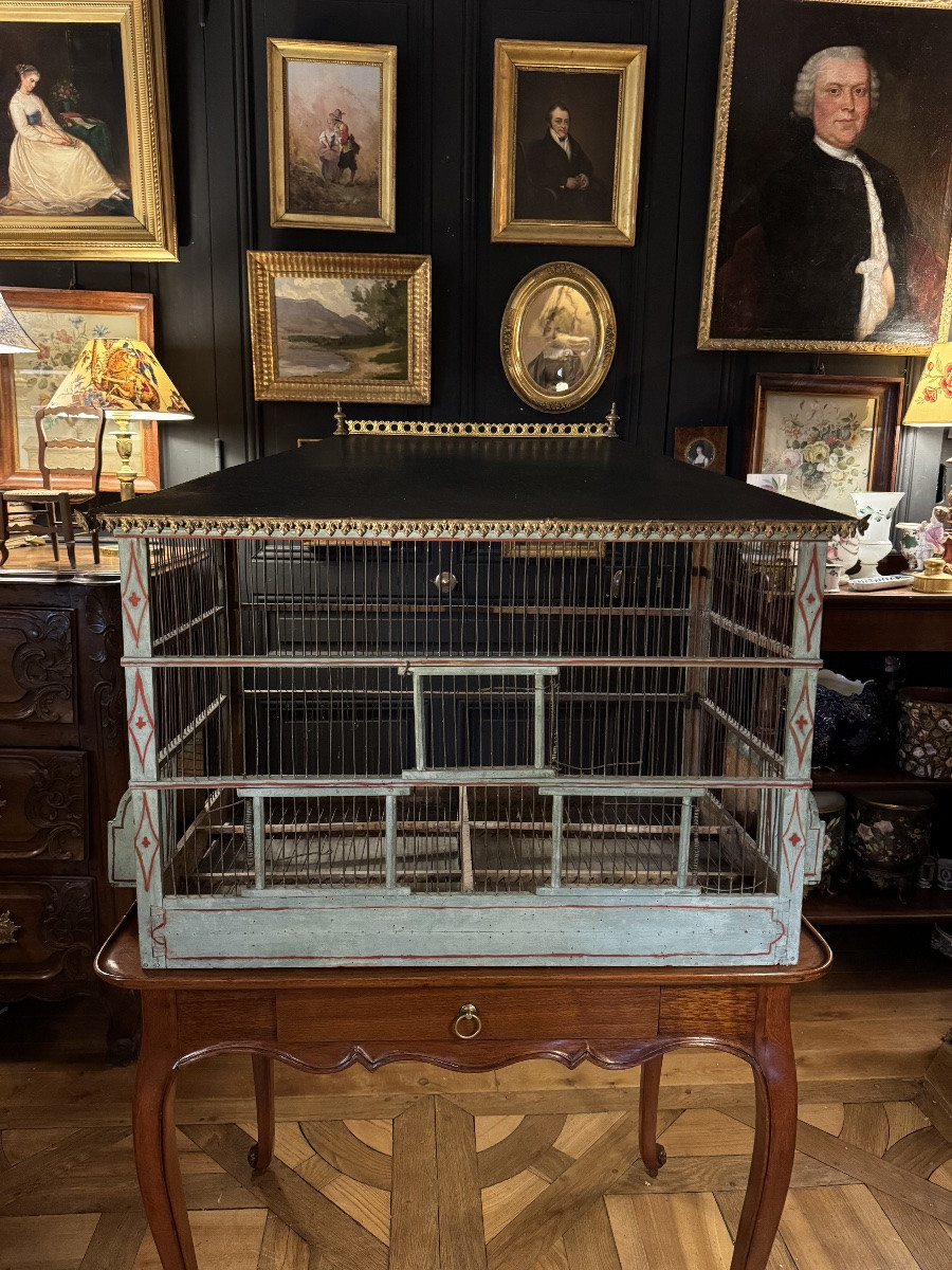 Cage à oiseaux en bois peint XIXe-photo-2