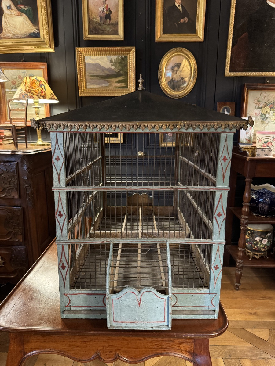 Cage à oiseaux en bois peint XIXe-photo-3