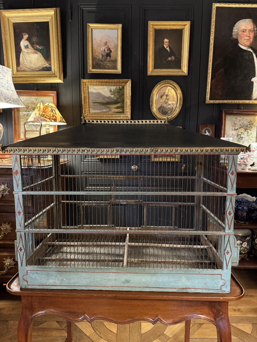 Cage à oiseaux en bois peint XIXe-photo-4