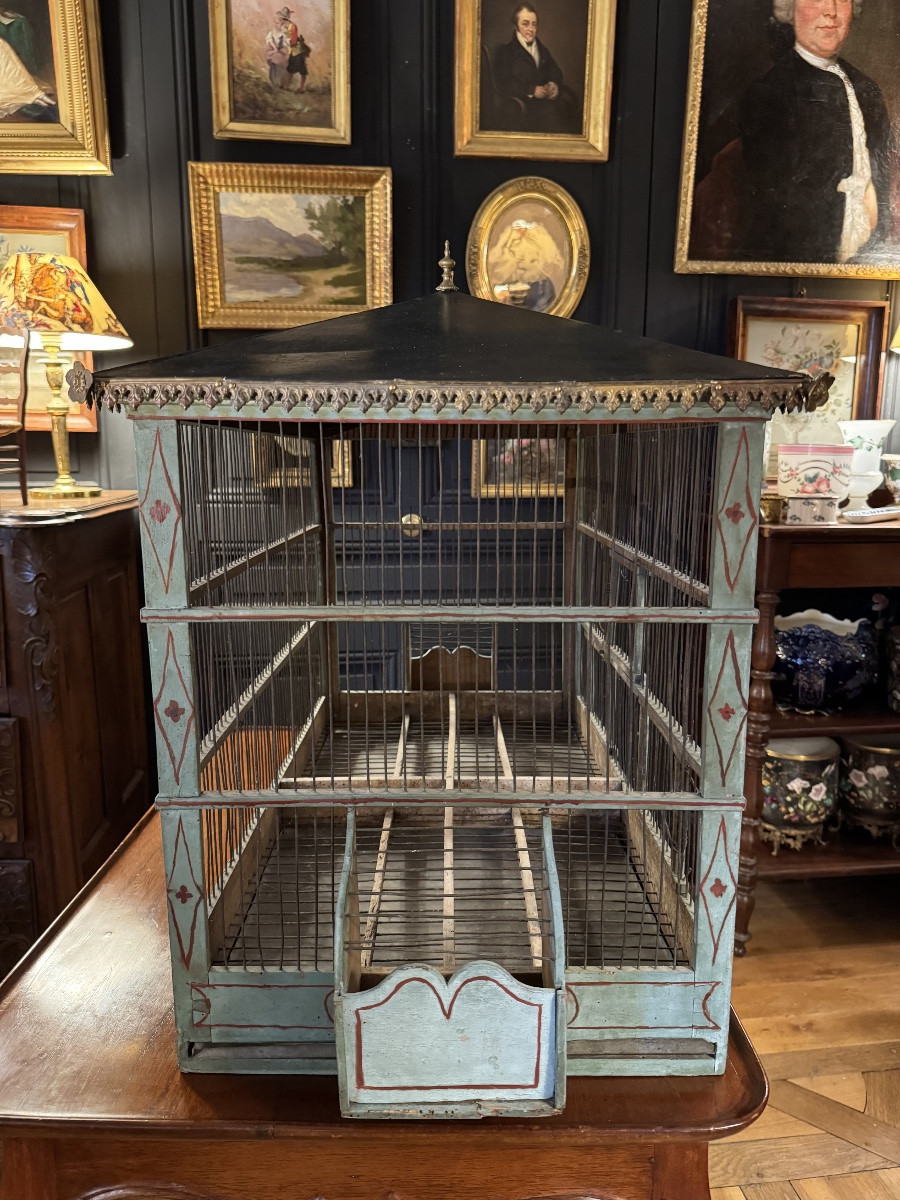 Cage à oiseaux en bois peint XIXe-photo-1
