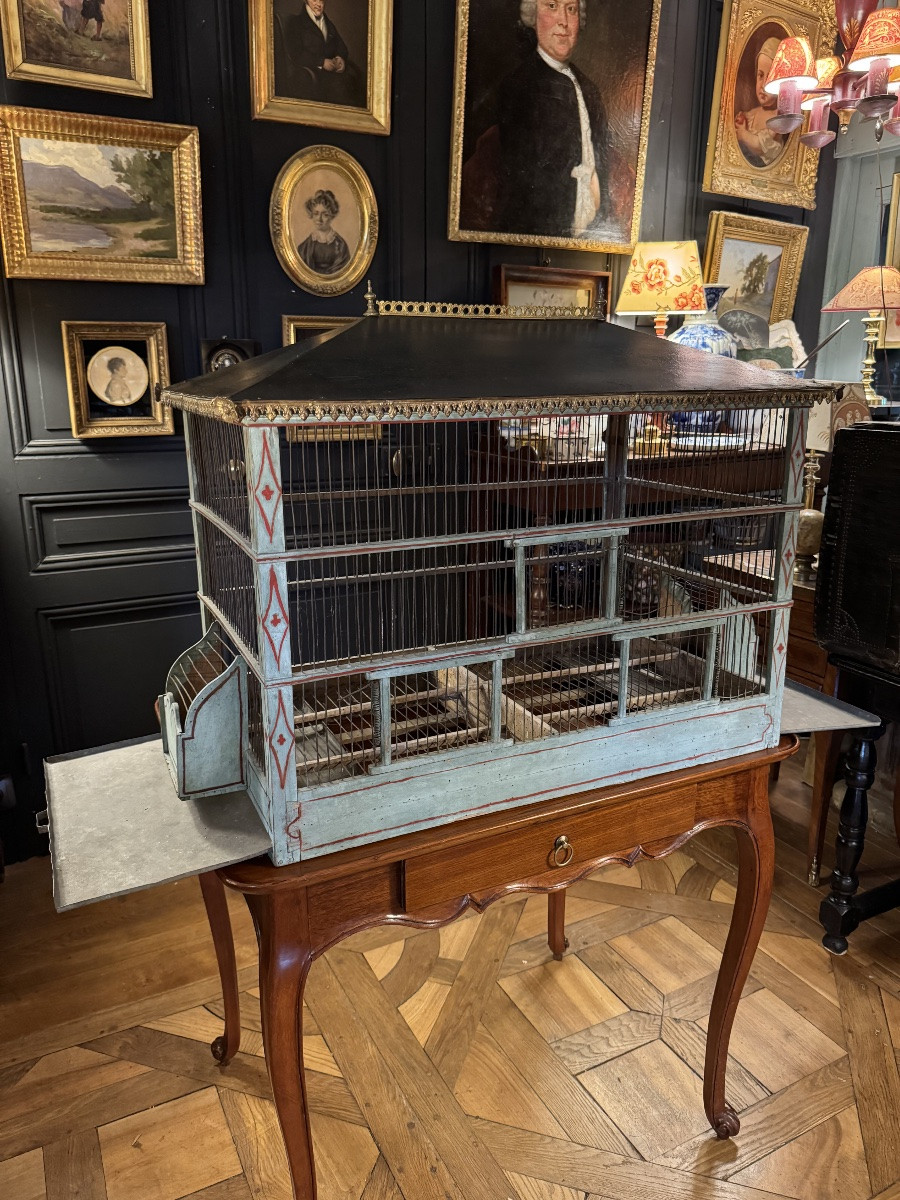 Cage à oiseaux en bois peint XIXe-photo-2
