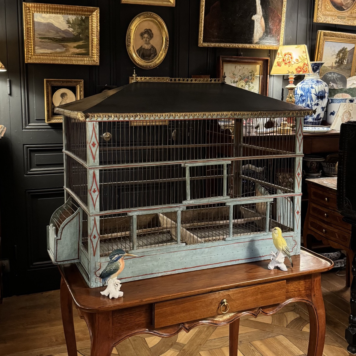 Cage à oiseaux en bois peint XIXe