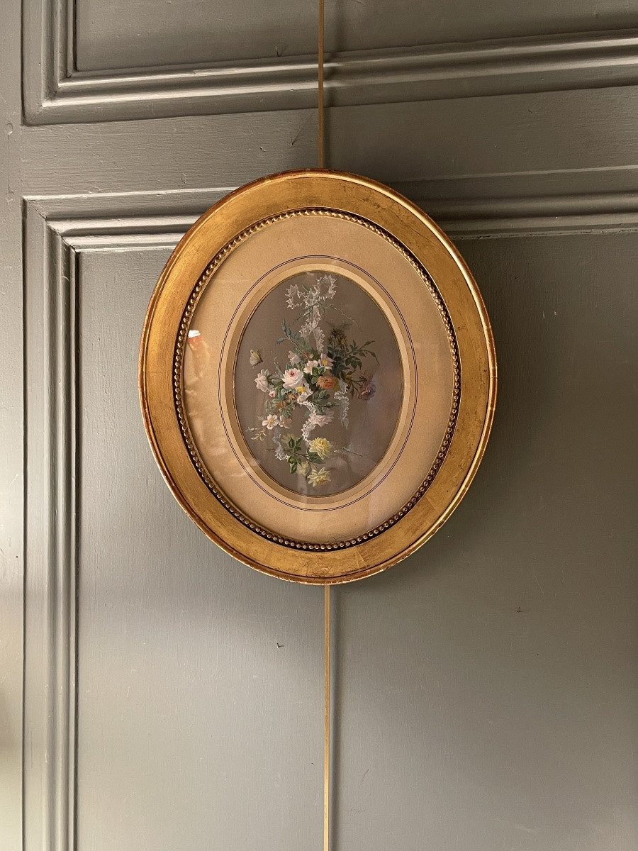 Garland Of Flowers, Butterfly And Dragonfly, Gouache Dated 1864-photo-2