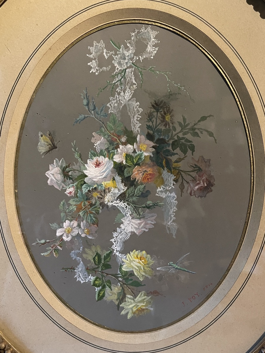 Garland Of Flowers, Butterfly And Dragonfly, Gouache Dated 1864-photo-3