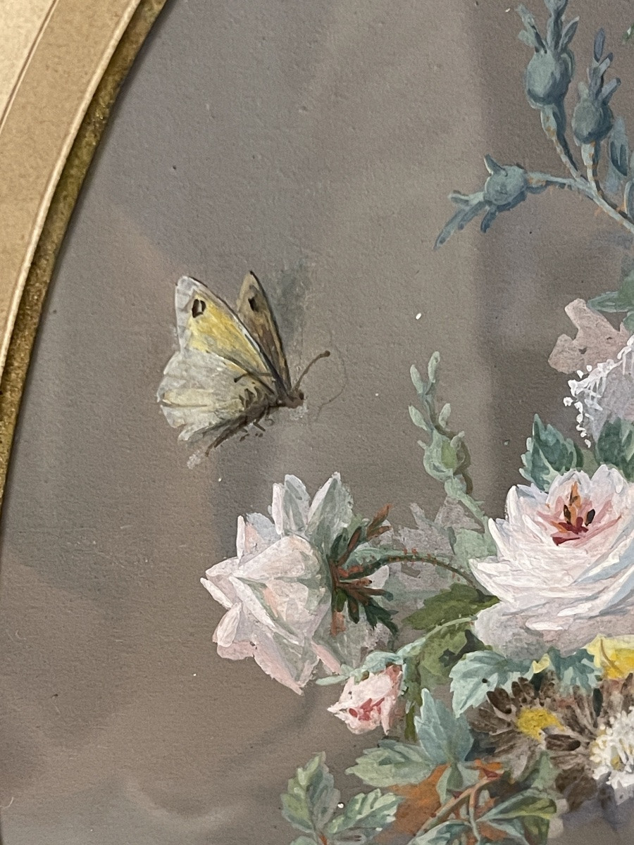 Garland Of Flowers, Butterfly And Dragonfly, Gouache Dated 1864-photo-4