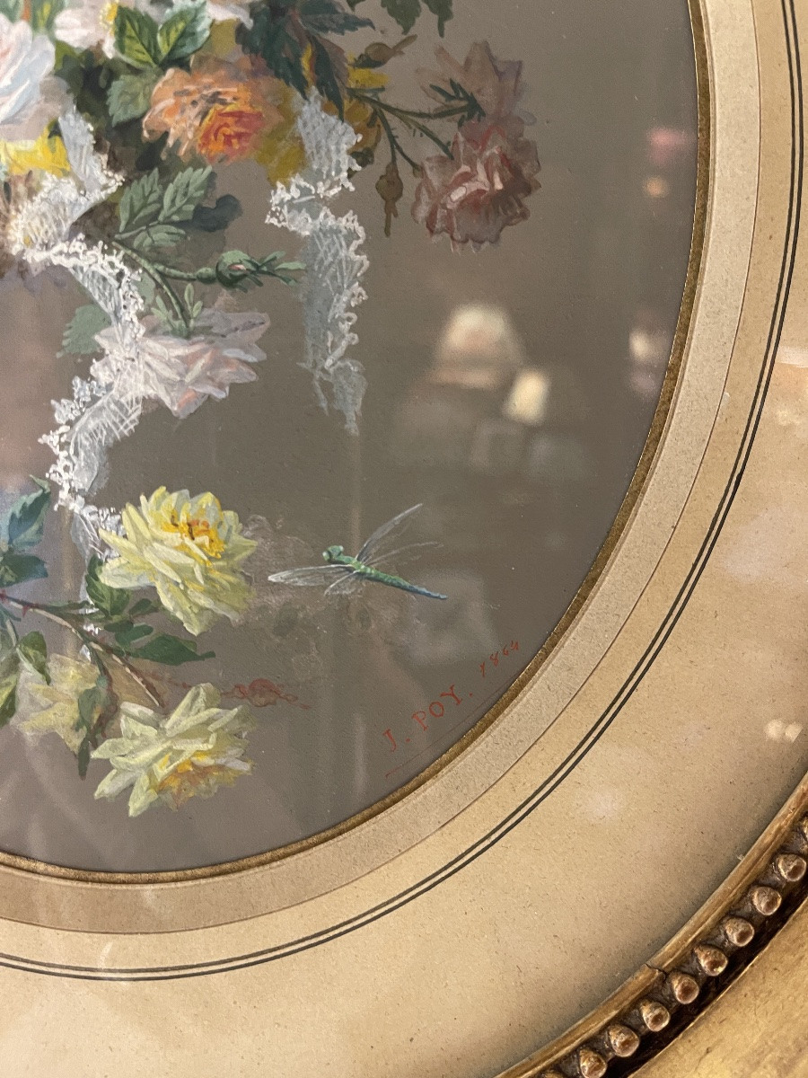 Garland Of Flowers, Butterfly And Dragonfly, Gouache Dated 1864-photo-2