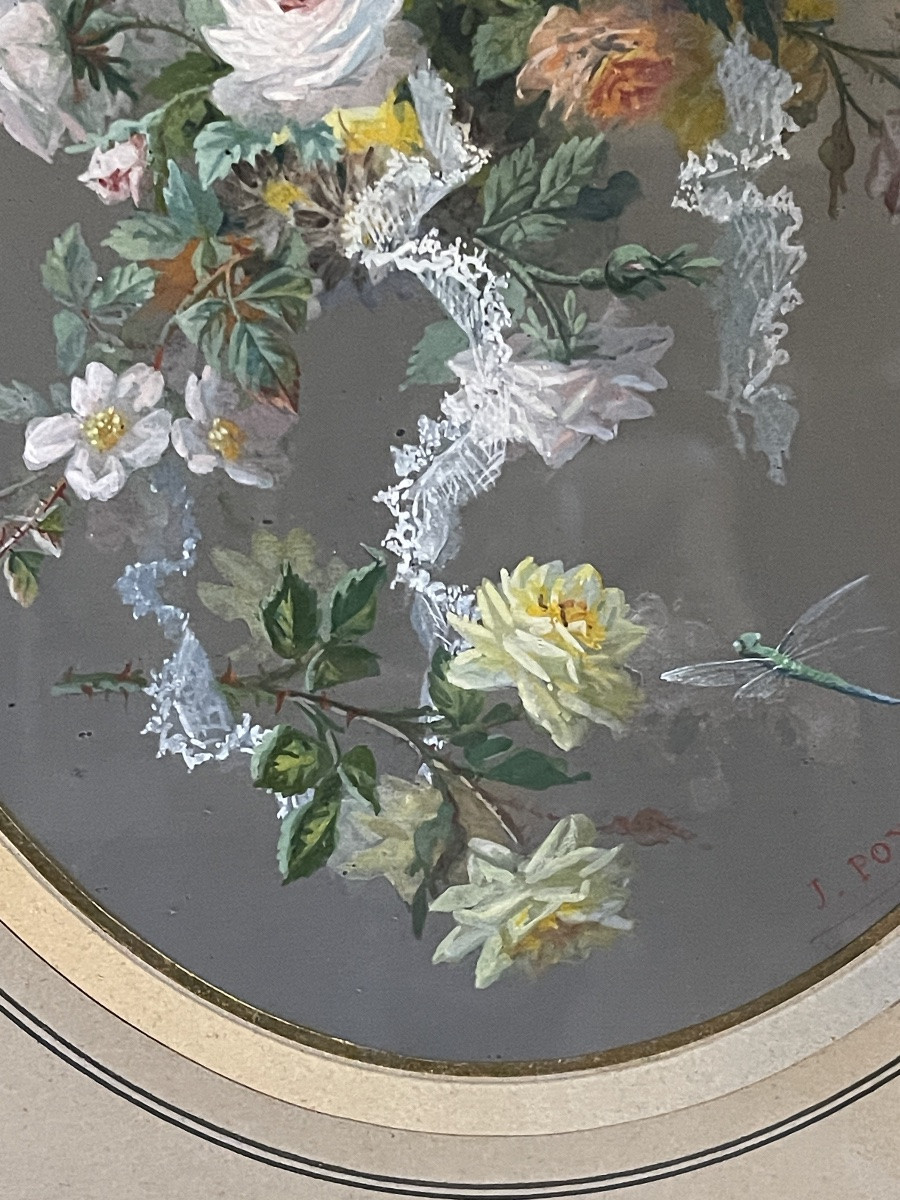 Garland Of Flowers, Butterfly And Dragonfly, Gouache Dated 1864-photo-3