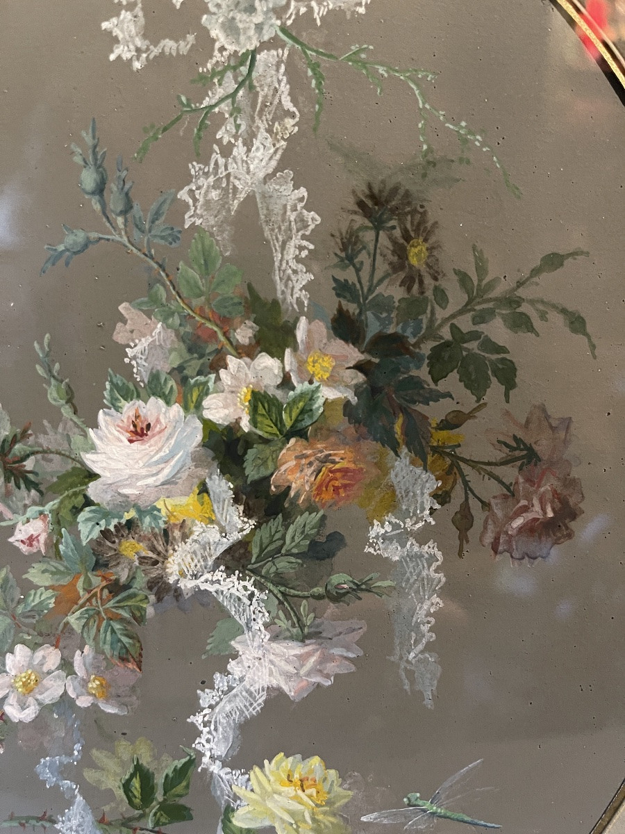 Garland Of Flowers, Butterfly And Dragonfly, Gouache Dated 1864-photo-4