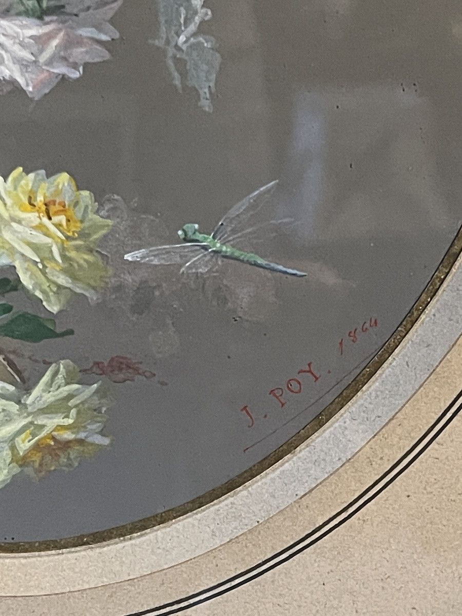 Garland Of Flowers, Butterfly And Dragonfly, Gouache Dated 1864-photo-5