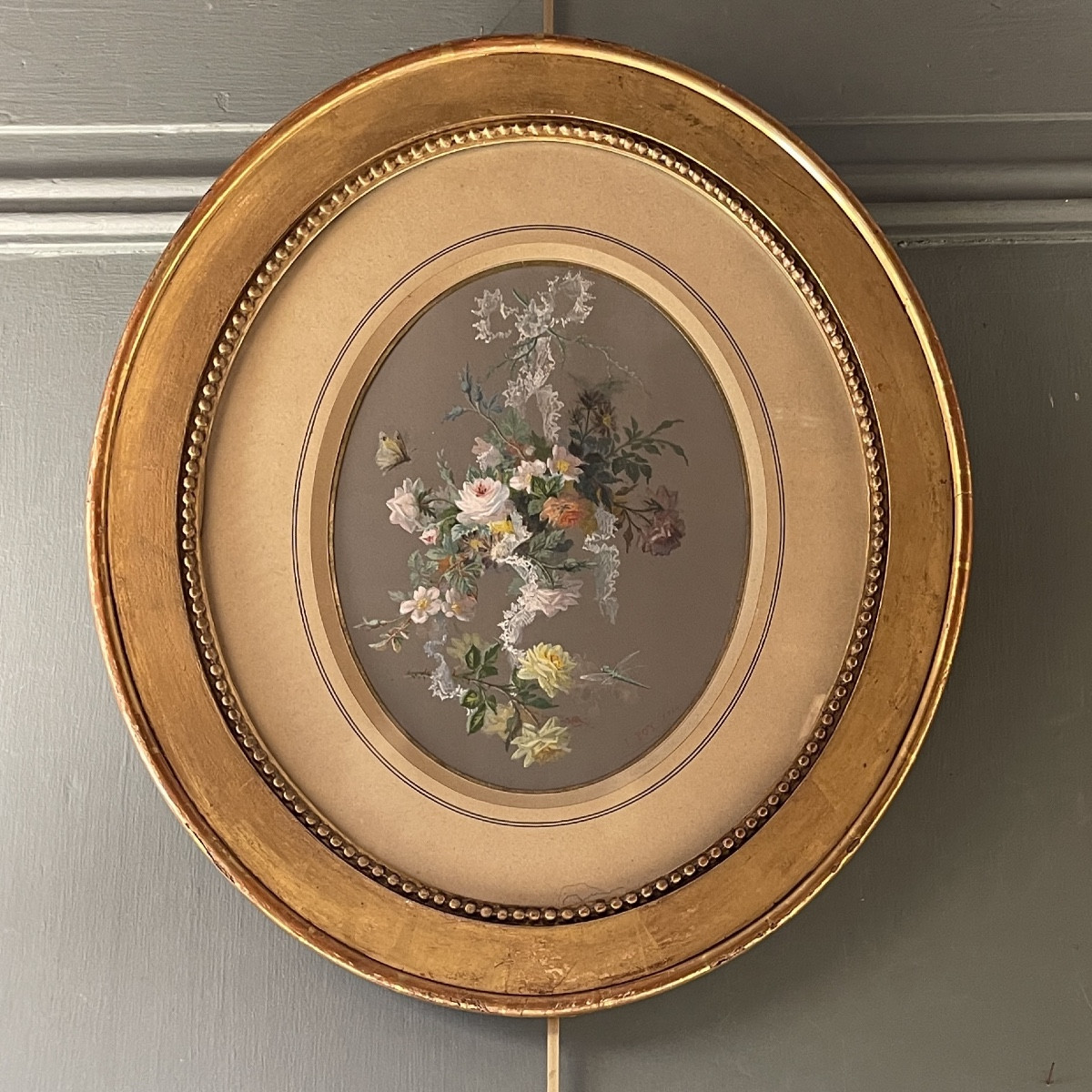 Garland Of Flowers, Butterfly And Dragonfly, Gouache Dated 1864