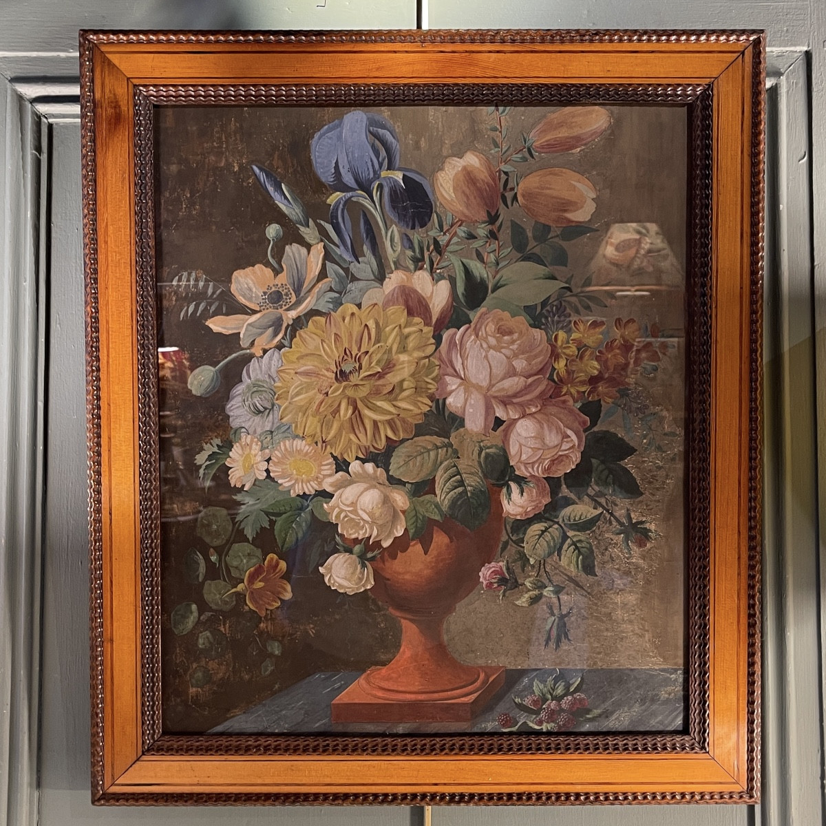 Bouquet de fleurs et framboises, époque Charles X